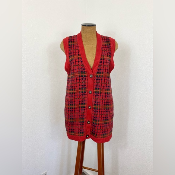 Vintage Women’s Liz Sport M Classic Plaid Long Sweater Vest Button Front 90’ - Picture 2 of 16